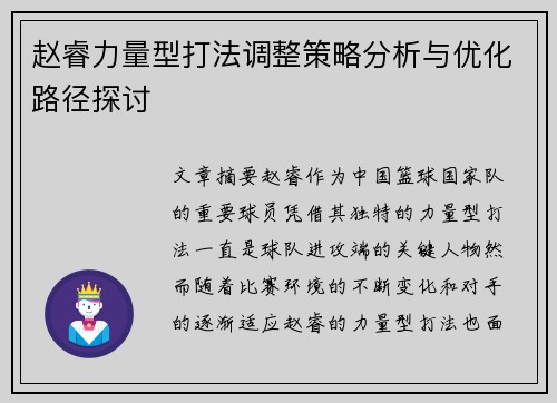 赵睿力量型打法调整策略分析与优化路径探讨