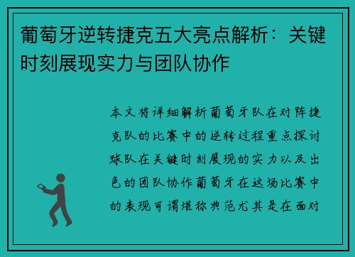 葡萄牙逆转捷克五大亮点解析：关键时刻展现实力与团队协作